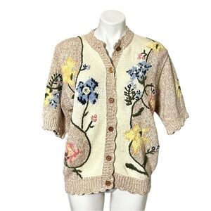 Vintage Lucia Embroidered Floral Short Sleeve Cardigan Sweater Size Large